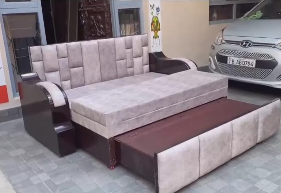3 Seater Wooden Sofa Cum Bed With Box Storage & Soft Cushion, Dark Brown